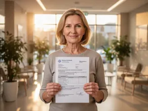 Starszy mężczyzna z uśmiechem zakłada nowoczesny aparat słuchowy, odczuwając ulgę i poprawę komfortu życia.