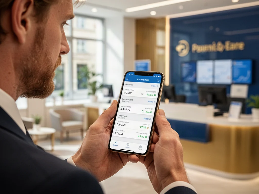 Mężczyzna trzymający smartfon z otwartą aplikacją do przeliczania walut w nowoczesnym biurze bankowym.