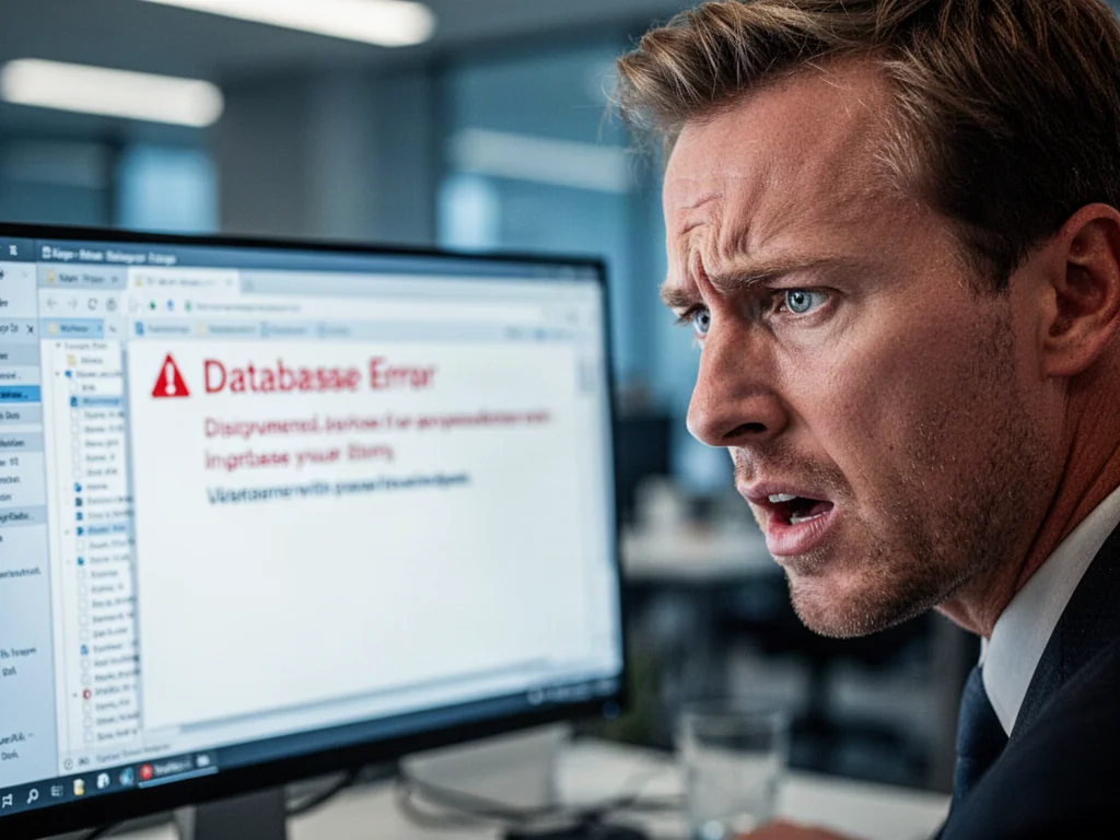 Zirytowany mężczyzna przed monitorem z komunikatem o błędzie bazy danych w programie Płatnik.